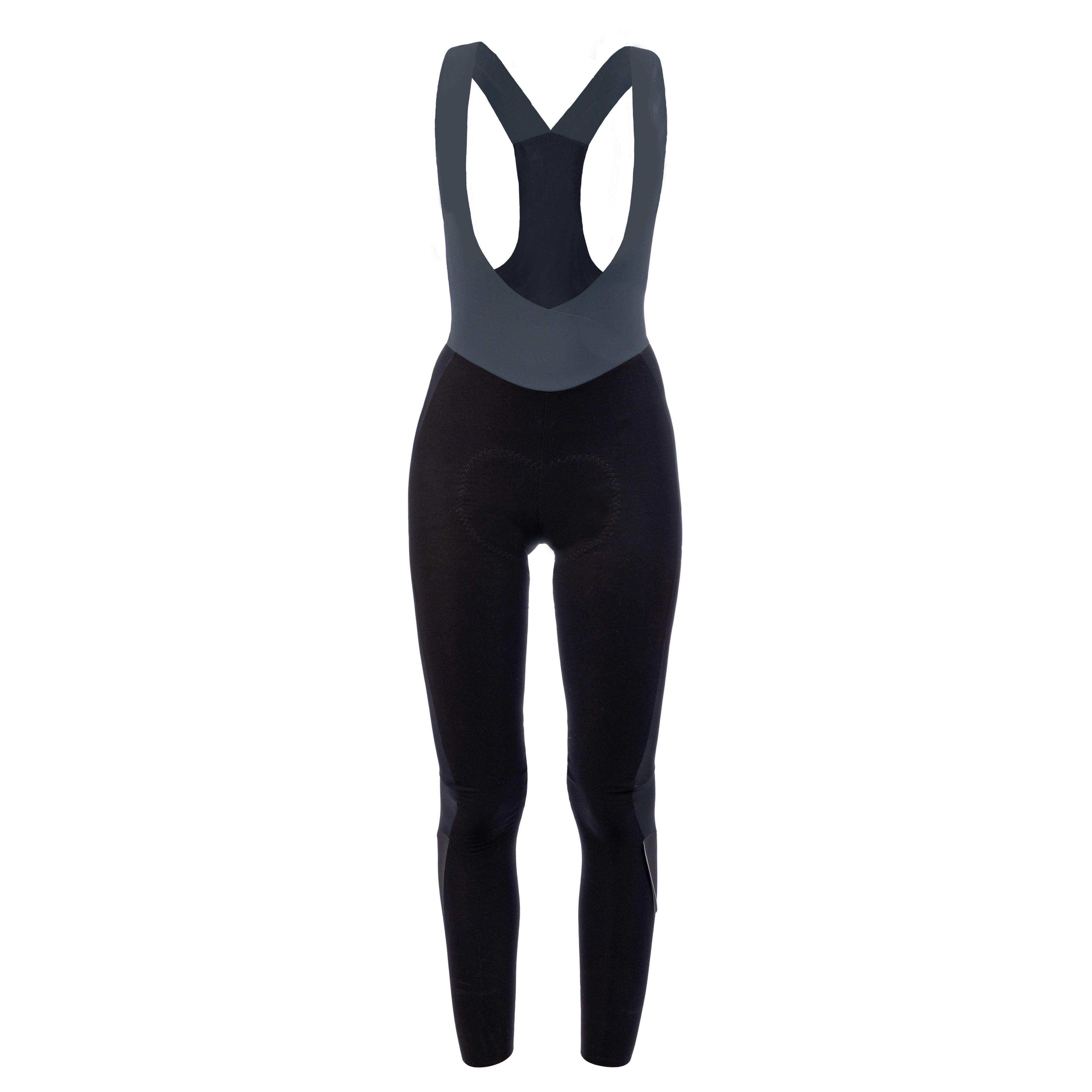 Front view of Q36.5 Winter Bib Tights suspended in the air, emphasizing the tailored fit for women and the technical chamois design.