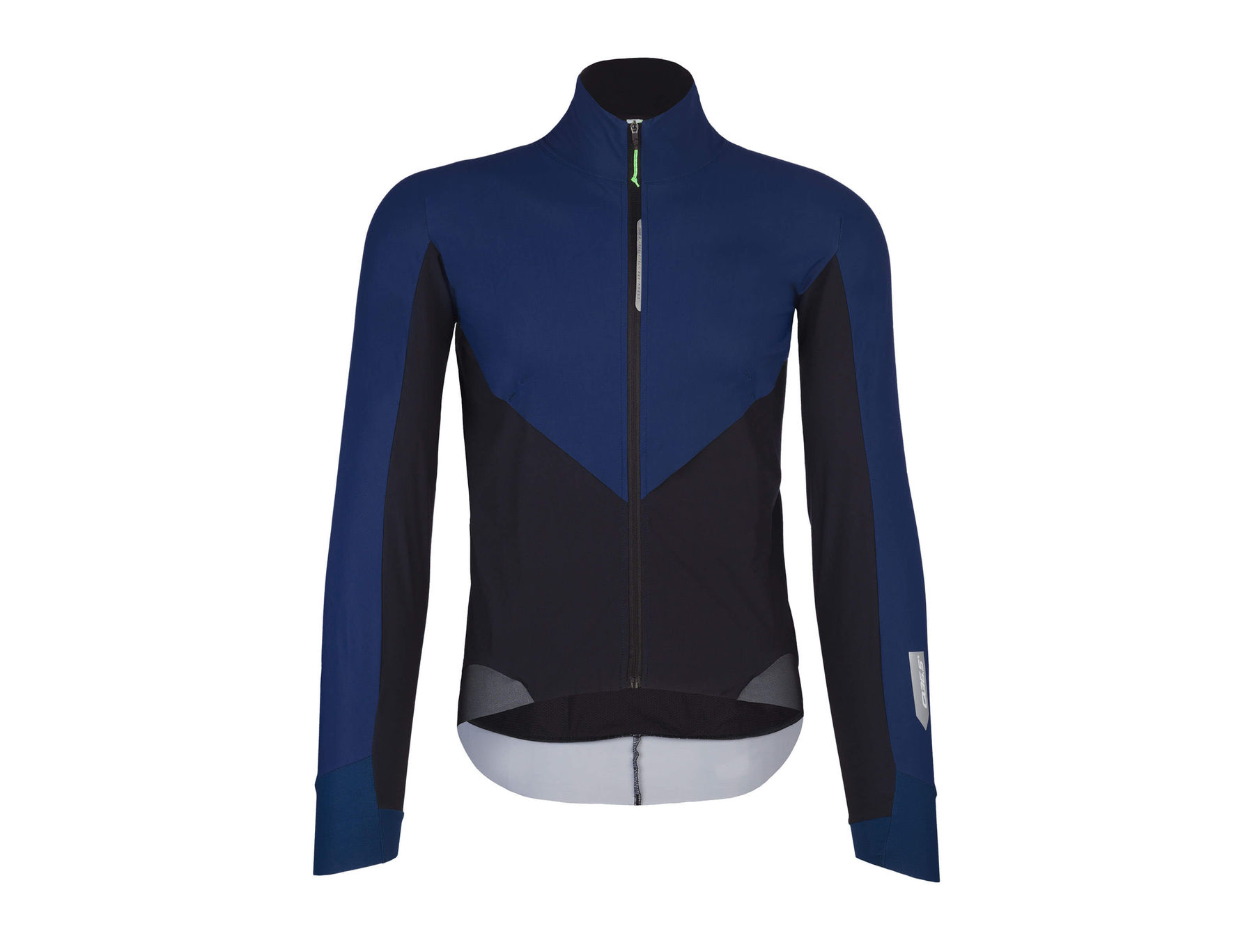 Front view of the Q36.5 Bat Shell Long Sleeve Jersey in blue, featuring a high collar, weatherproof zipper, and strategic paneling for fit and comfort.