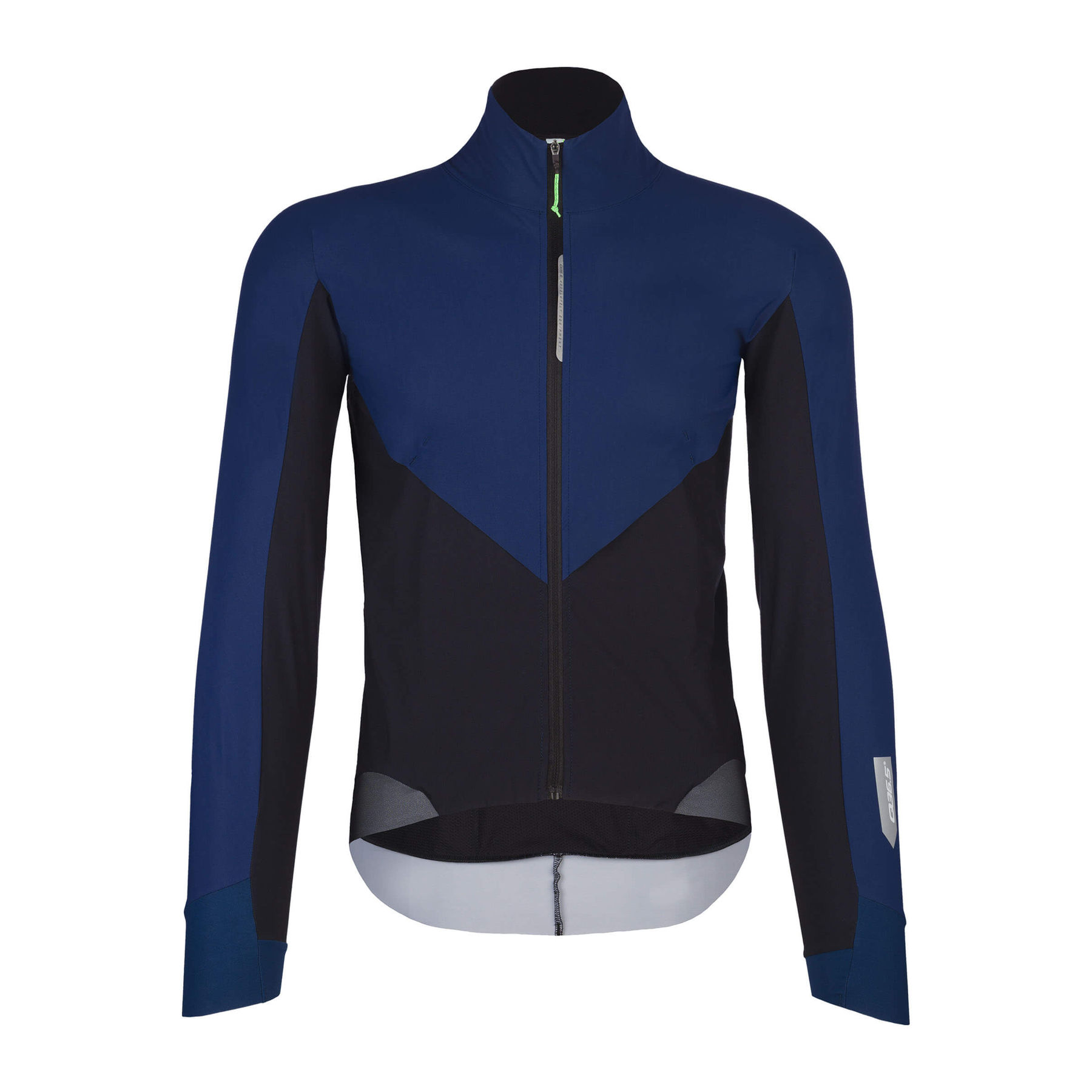 Front view of the Q36.5 Bat Shell Long Sleeve Jersey in blue, featuring a high collar, weatherproof zipper, and strategic paneling for fit and comfort.