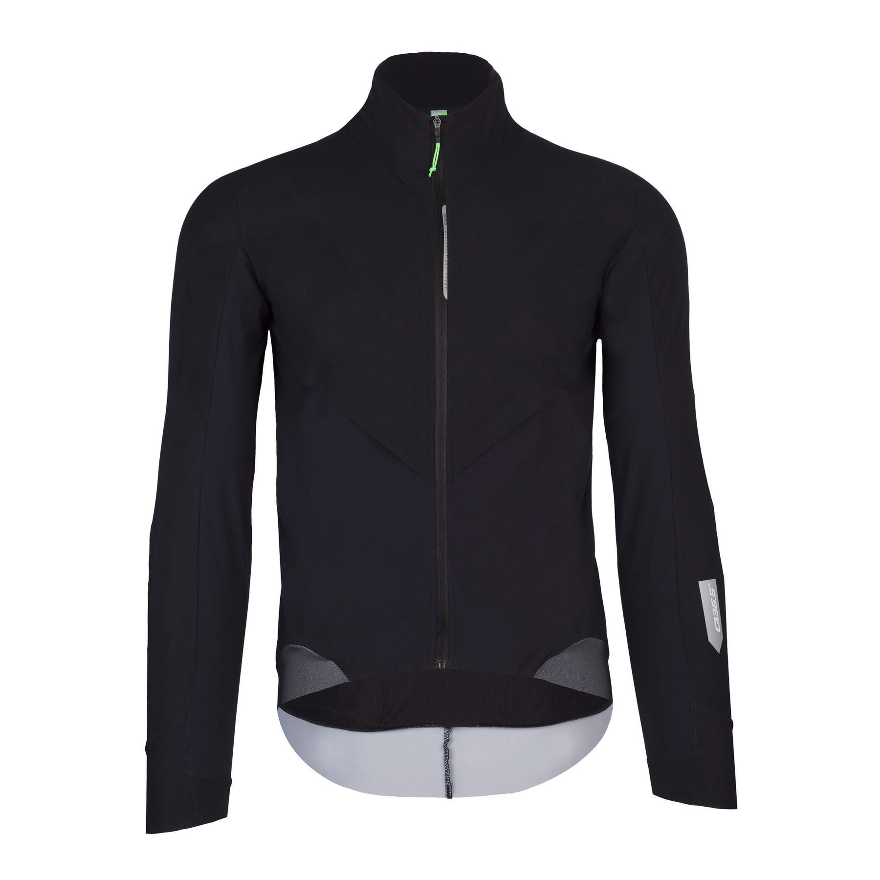 Front view of the Q36.5 Bat Shell Long Sleeve Jersey in black, highlighting the hermetic collar and raw-cut laser hems for a secure fit.