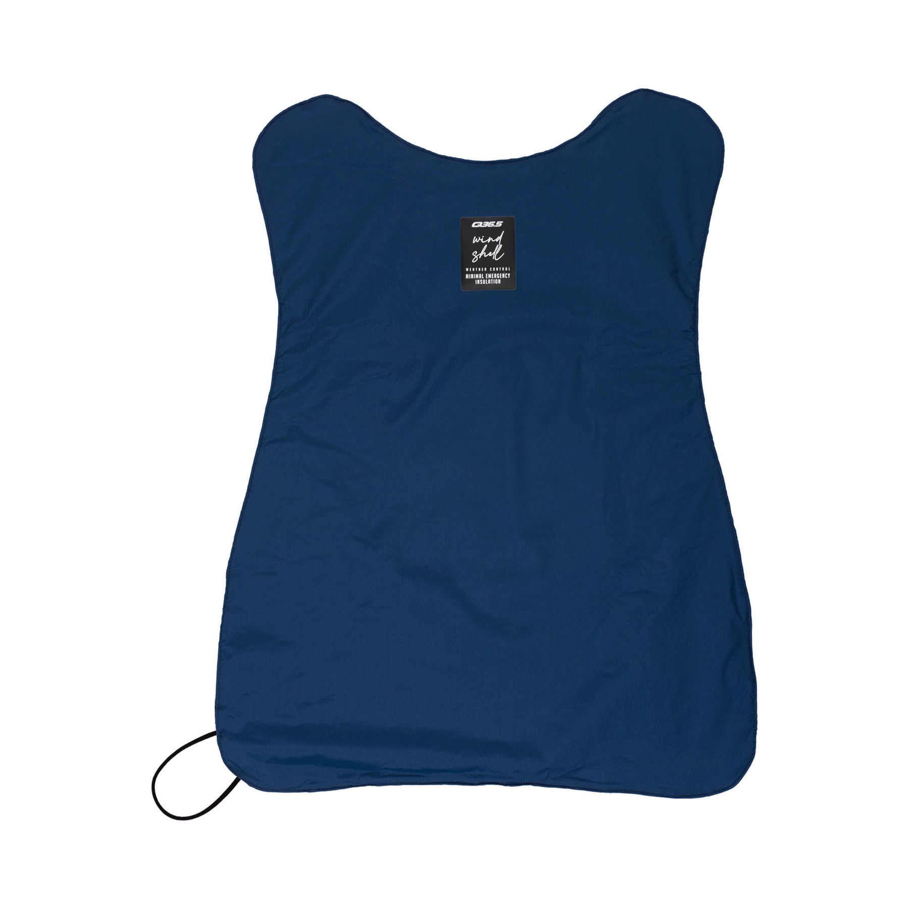 The blue Q36.5 Wind Shell displayed, emphasizing its ultra-lightweight and compact design for superior wind protection and warmth.