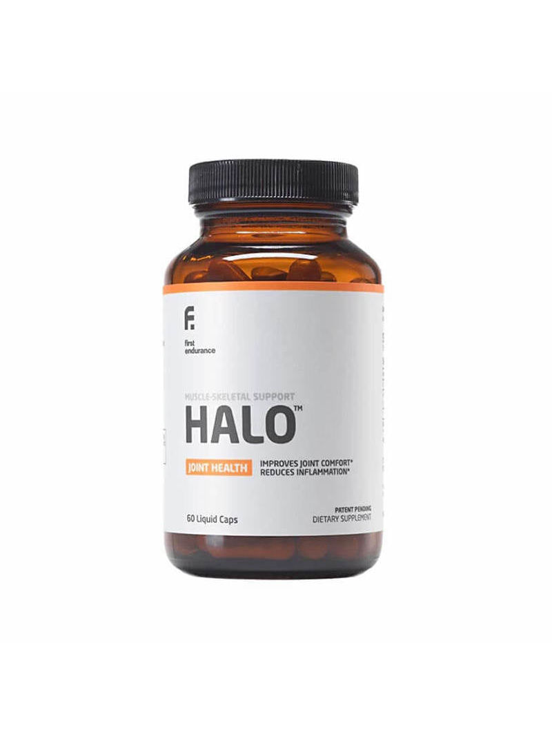 A bottle of halo, a performance enhancement supplement for cycling, on a white background.