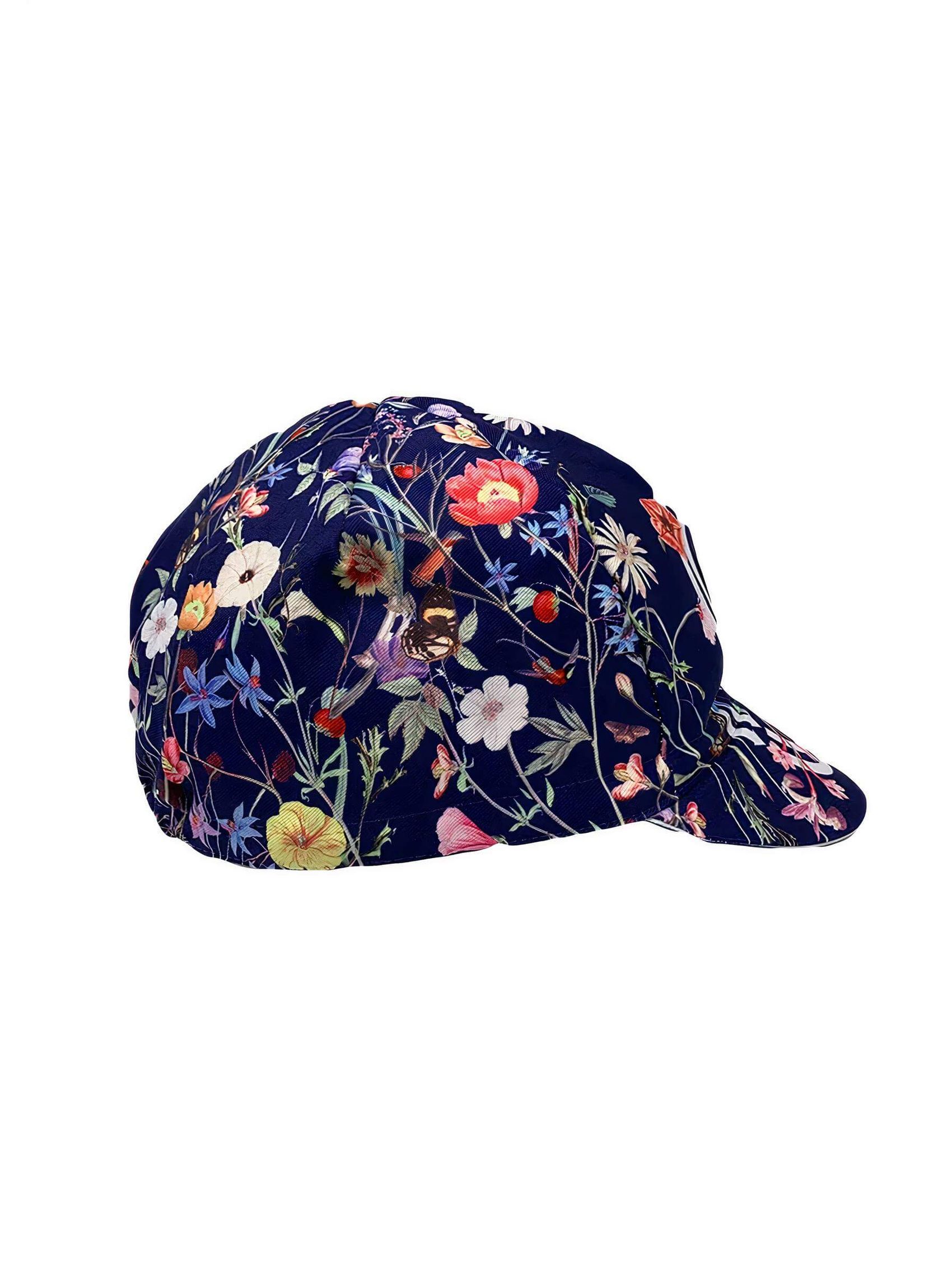 Side view of a floral Ostroy cycling cap with detailed flower pattern.