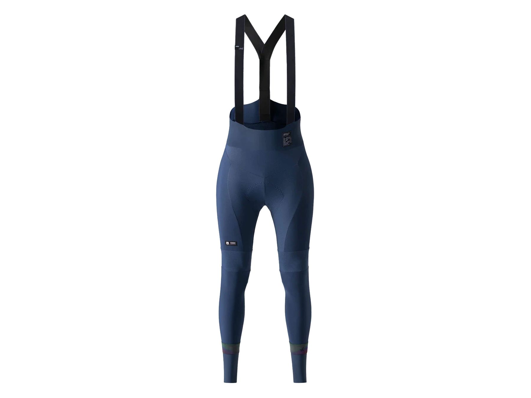 A pair of navy blue women's long cycling bib tights with black shoulder straps. The fabric shows various textures with darker shades of navy, particularly around the thigh area. The brand 'GOBIK' is subtly placed on the left thigh.