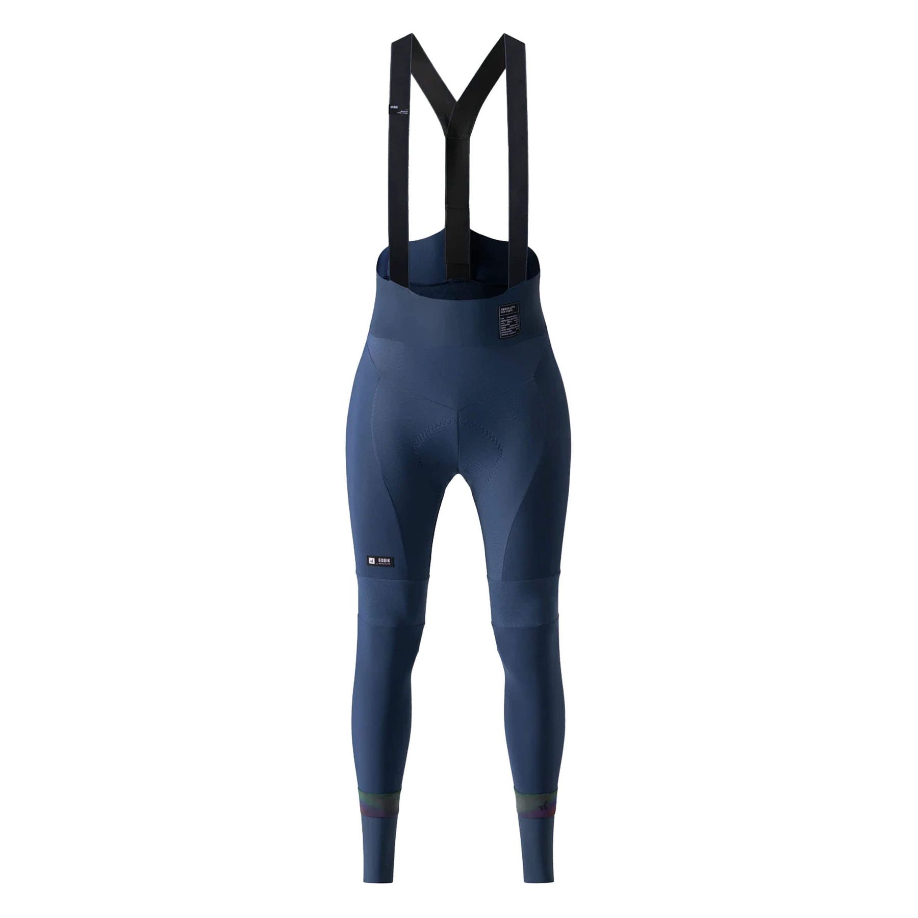 A pair of navy blue women's long cycling bib tights with black shoulder straps. The fabric shows various textures with darker shades of navy, particularly around the thigh area. The brand 'GOBIK' is subtly placed on the left thigh.