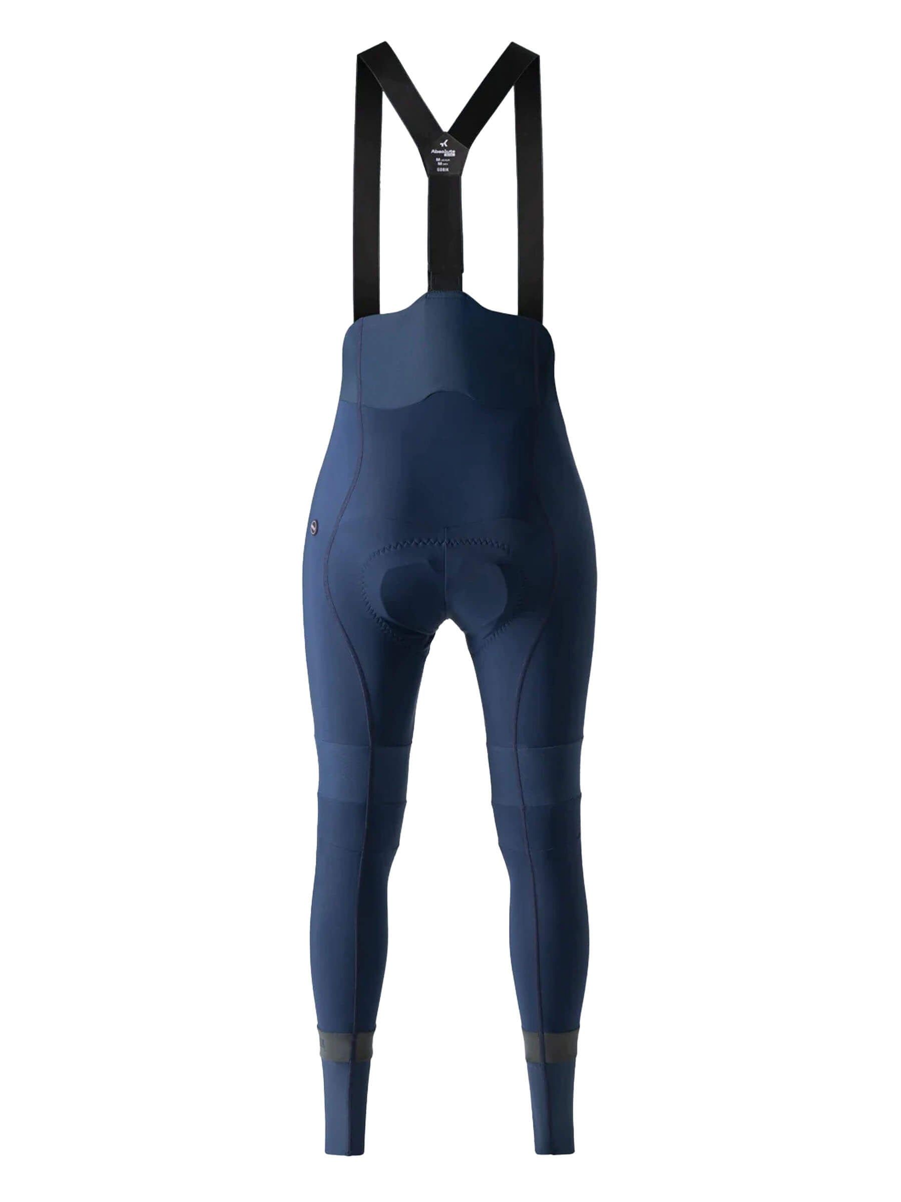 The rear view of the same navy blue women's long cycling bib tights.