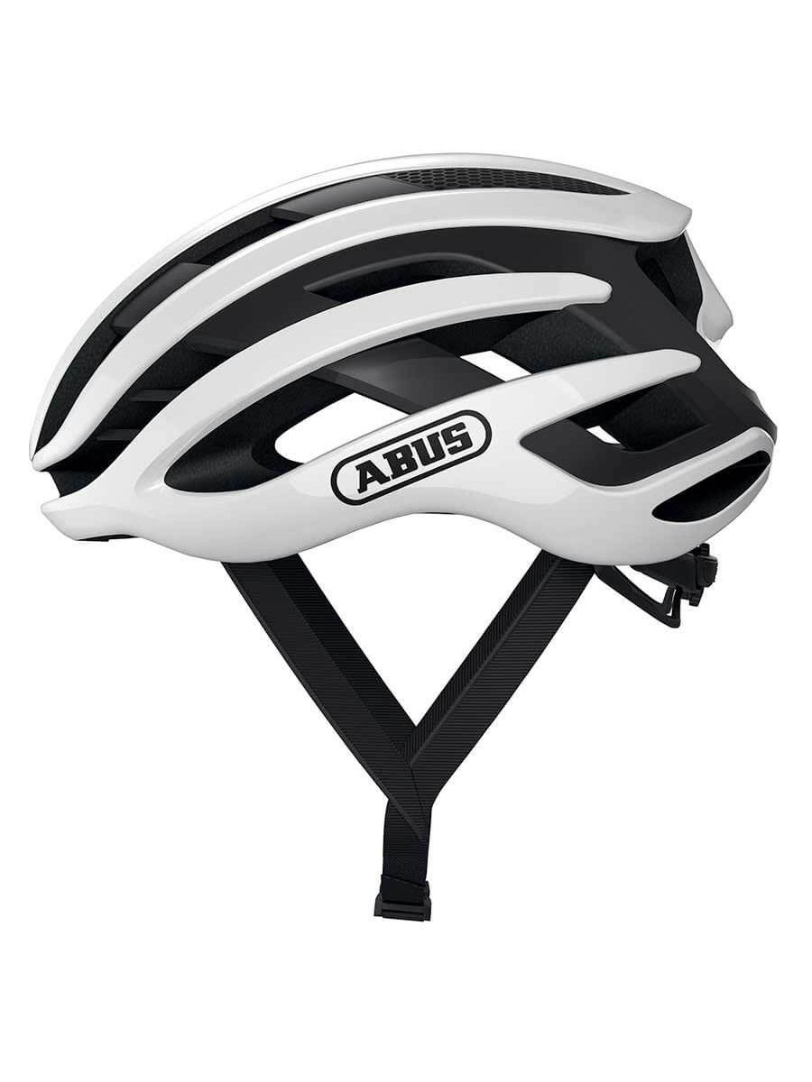White and black ABUS AirBreaker helmet, honeycomb structure for aerodynamics, FlowStraps, eyewear strap guide.