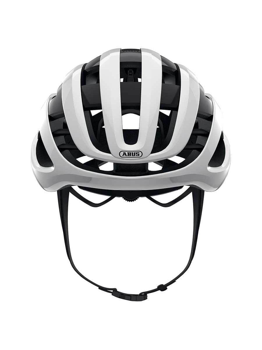 White and black ABUS AirBreaker helmet, honeycomb structure for aerodynamics, FlowStraps, eyewear strap guide.