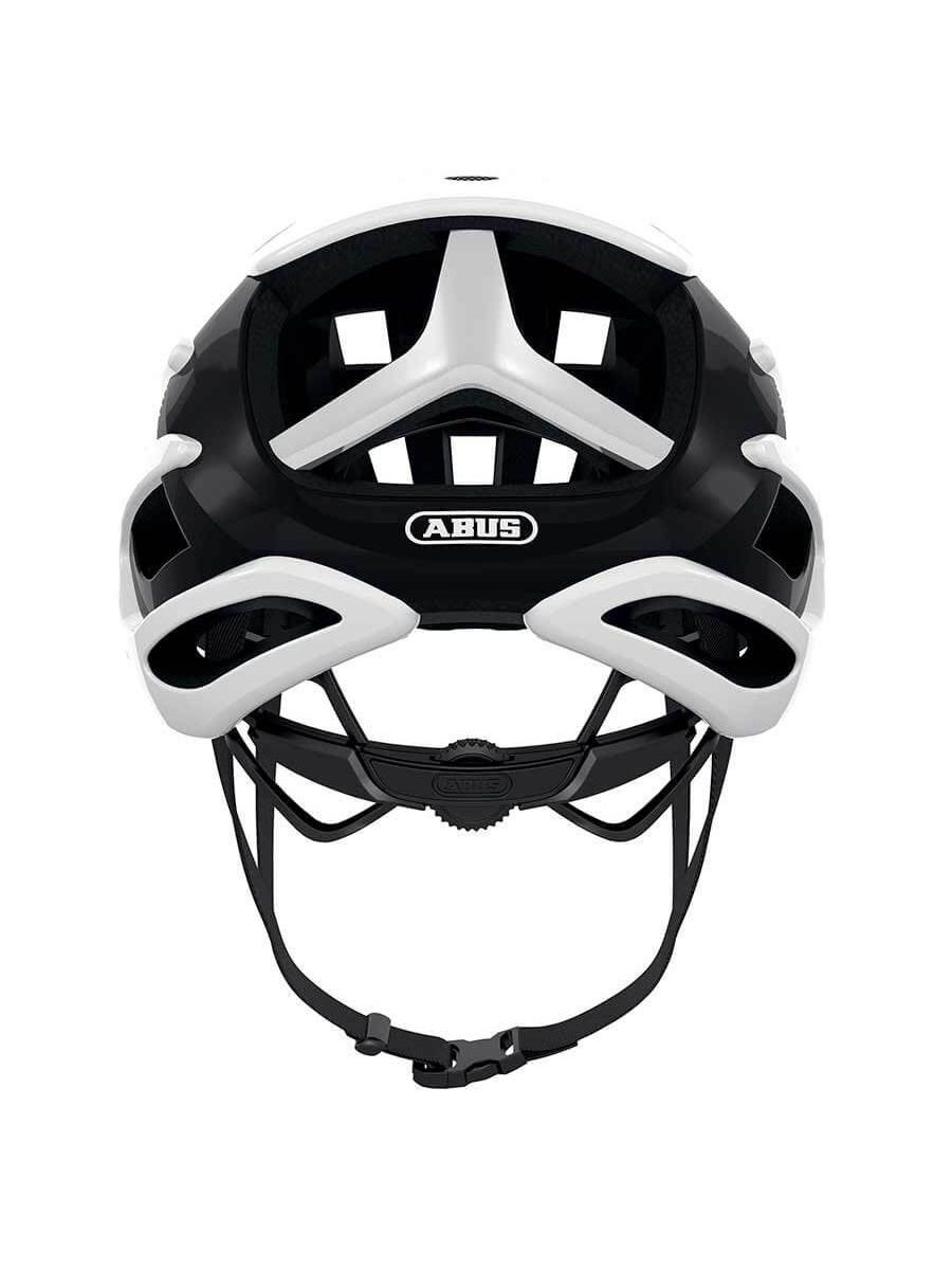 White and black ABUS AirBreaker helmet, honeycomb structure for aerodynamics, FlowStraps, eyewear strap guide.