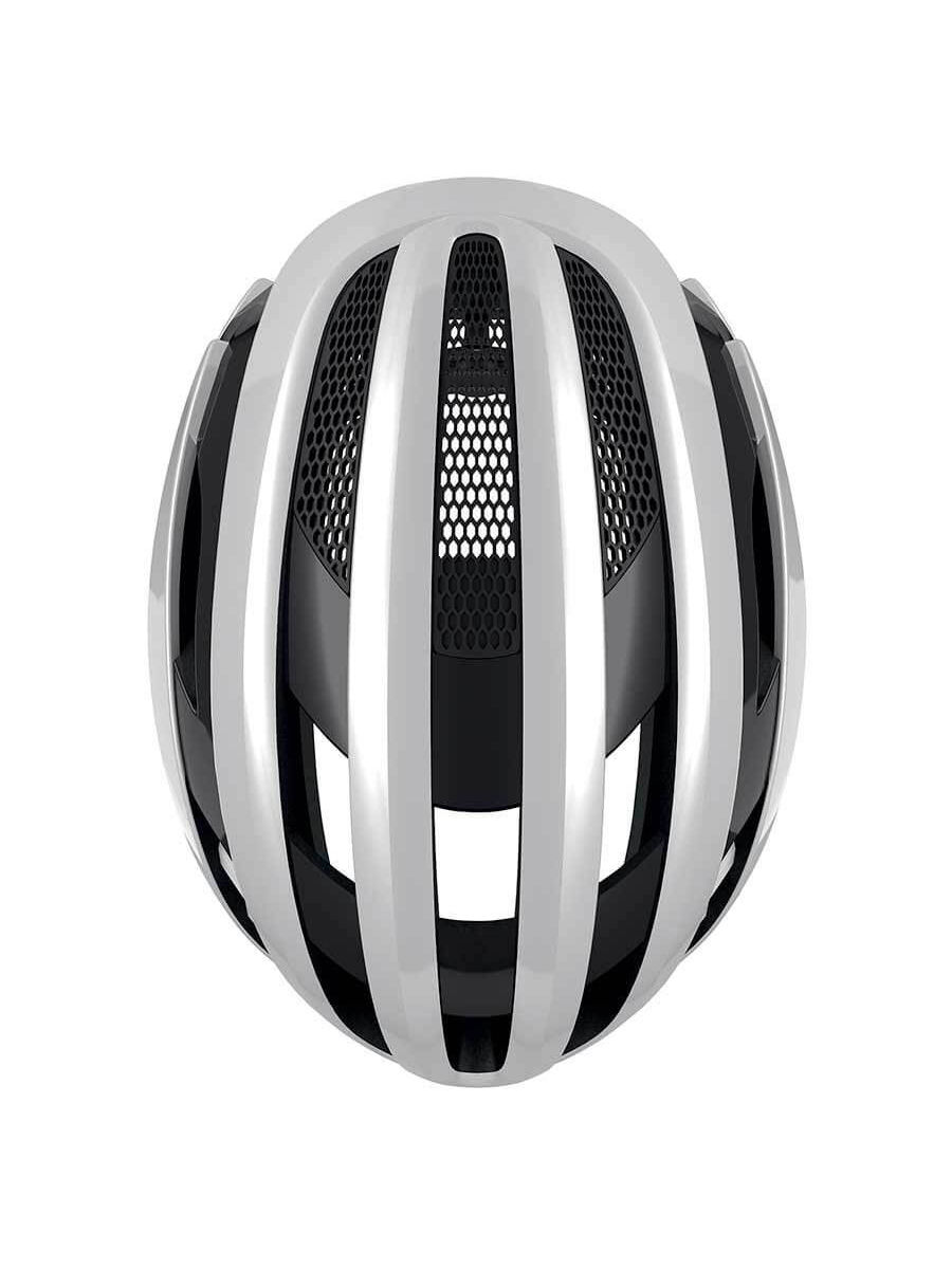 White and black ABUS AirBreaker helmet, honeycomb structure for aerodynamics, FlowStraps, eyewear strap guide.
