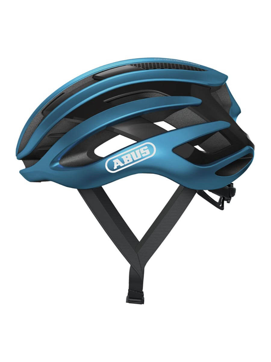 Steel blue ABUS AirBreaker helmet, In-Mold construction, forced air cooling, adjustable wheel fit, ponytail compatible.