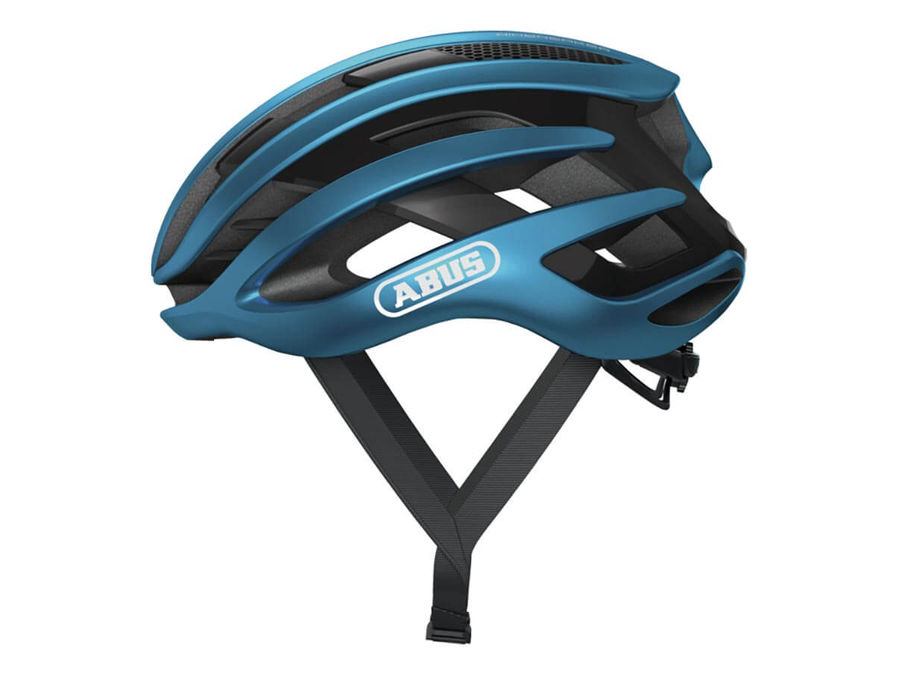 Steel blue ABUS AirBreaker helmet, In-Mold construction, forced air cooling, adjustable wheel fit, ponytail compatible.