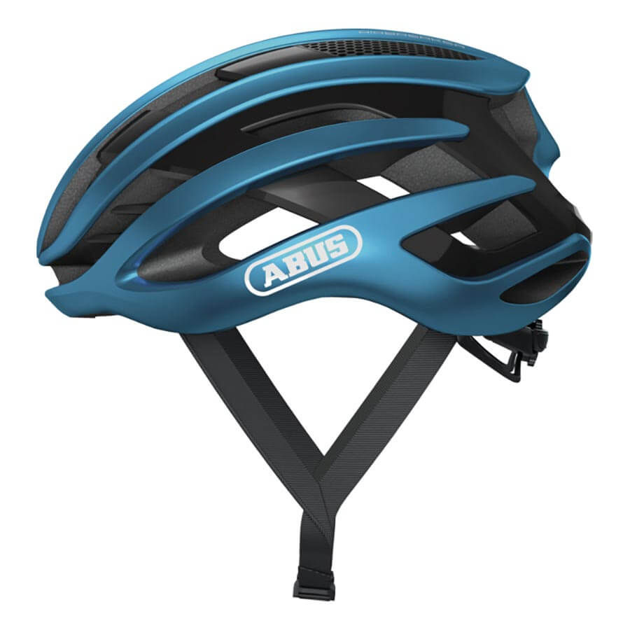 Steel blue ABUS AirBreaker helmet, In-Mold construction, forced air cooling, adjustable wheel fit, ponytail compatible.
