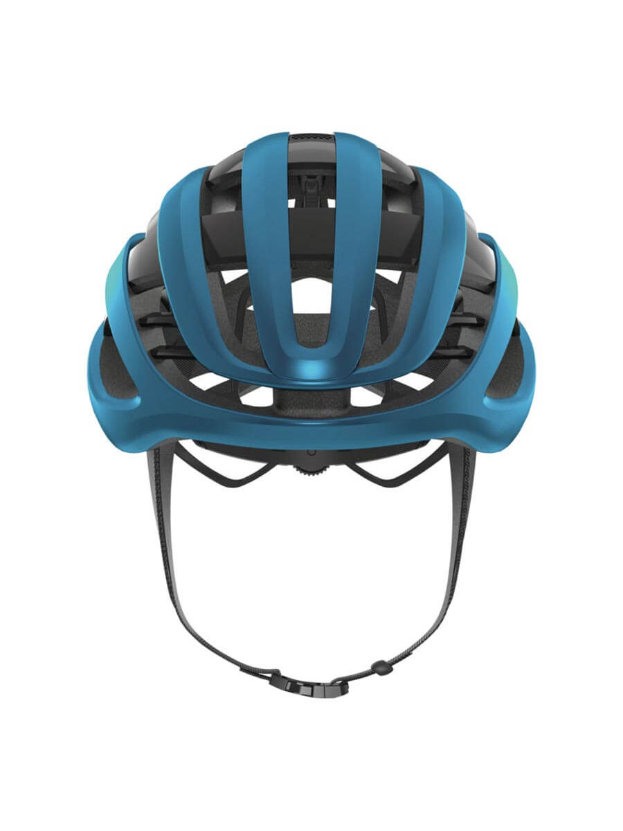 Steel blue ABUS AirBreaker helmet, In-Mold construction, forced air cooling, adjustable wheel fit, ponytail compatible.