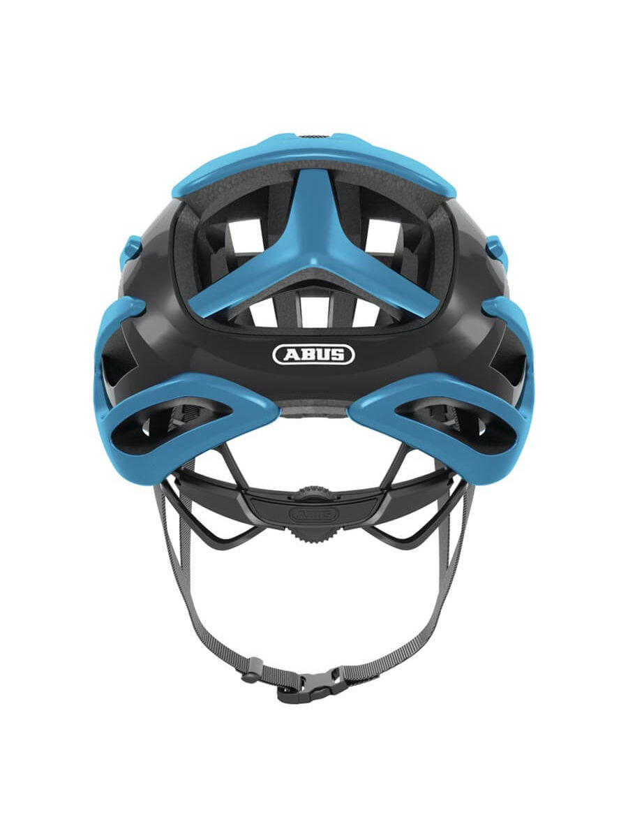 Steel blue ABUS AirBreaker helmet, In-Mold construction, forced air cooling, adjustable wheel fit, ponytail compatible.
