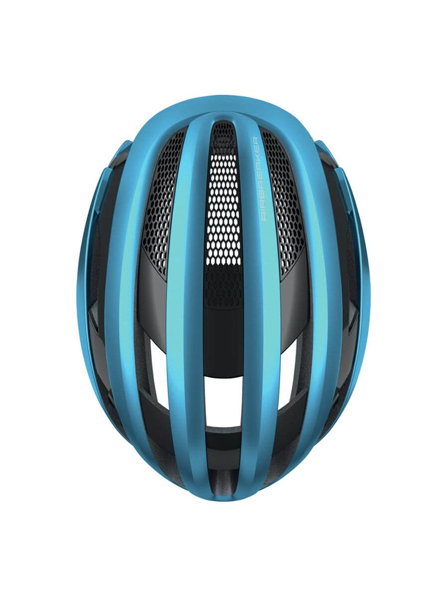 Steel blue ABUS AirBreaker helmet, In-Mold construction, forced air cooling, adjustable wheel fit, ponytail compatible.