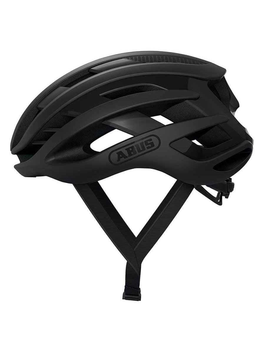 Black ABUS AirBreaker helmet, optimal ventilation with 11 inlets and 3 outlets, stable strap profile, ponytail compatible.