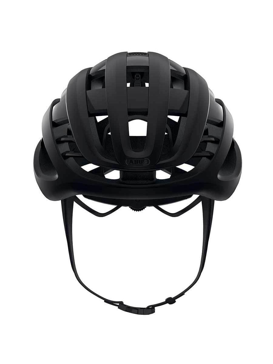 Black ABUS AirBreaker helmet, optimal ventilation with 11 inlets and 3 outlets, stable strap profile, ponytail compatible.