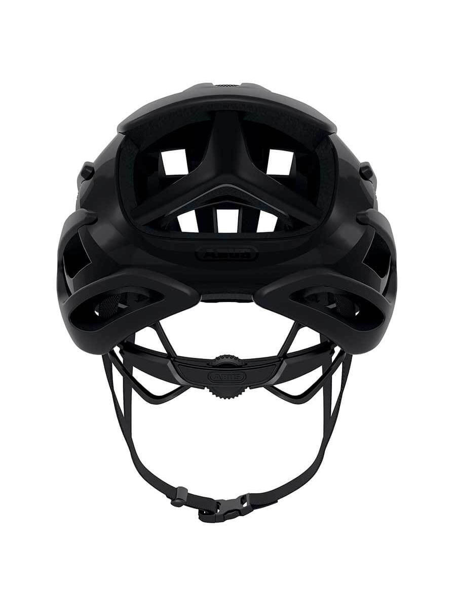 Black ABUS AirBreaker helmet, optimal ventilation with 11 inlets and 3 outlets, stable strap profile, ponytail compatible.