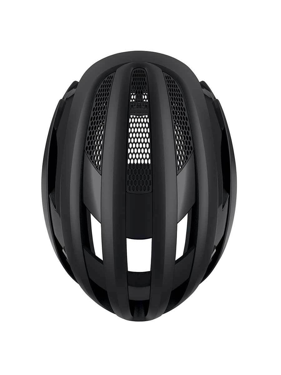 Black ABUS AirBreaker helmet, optimal ventilation with 11 inlets and 3 outlets, stable strap profile, ponytail compatible.