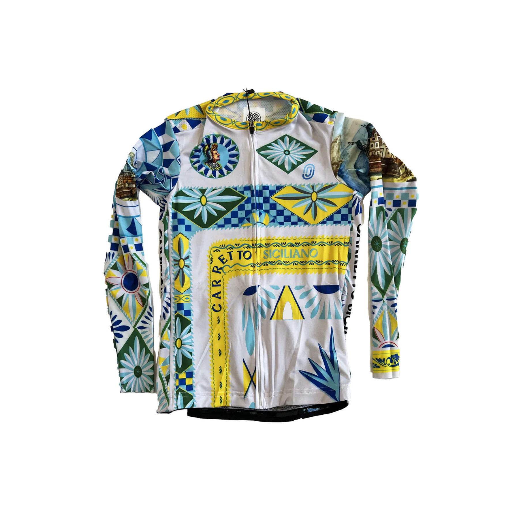 Front view of Ostroy Carretto Lightweight Long-Sleeve Jersey for women, featuring vibrant geometric patterns and folk art-inspired designs in bold colors.
