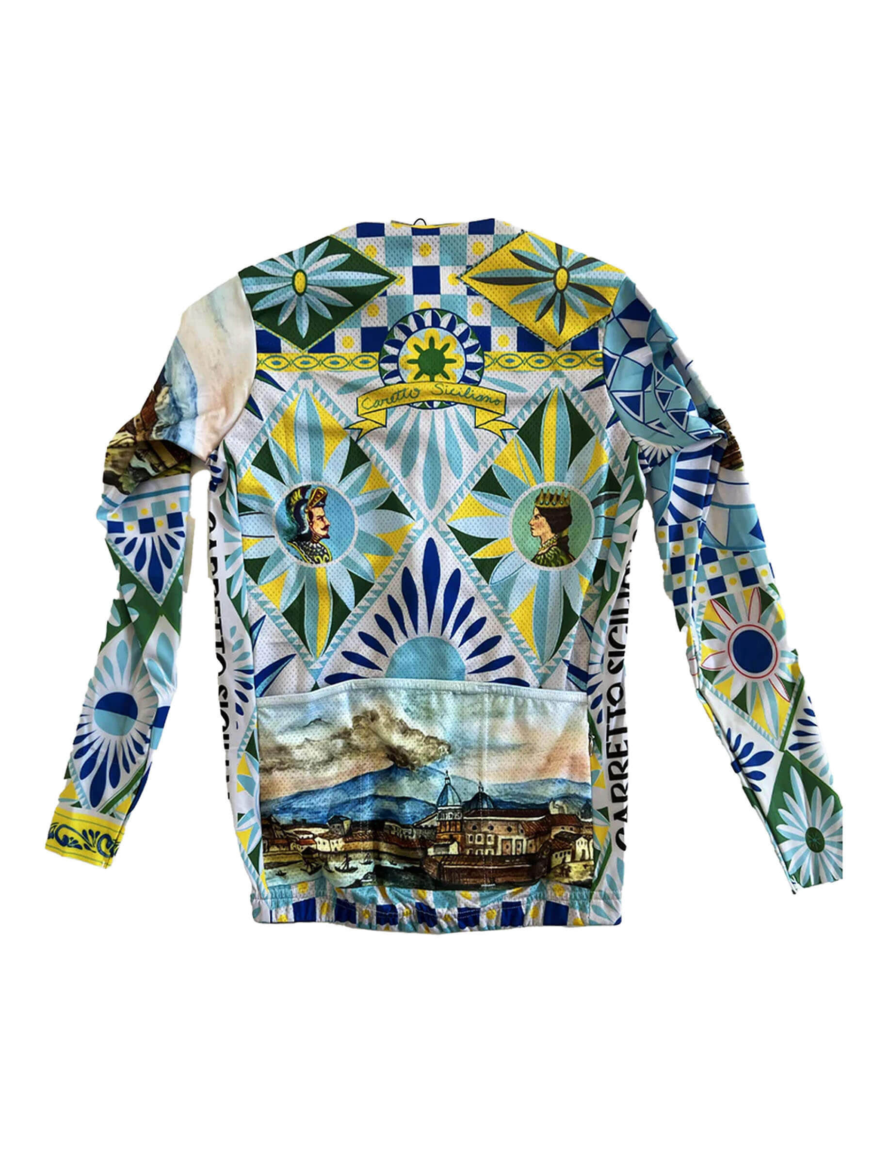 Back view of Ostroy women's jersey with intricate patterns, showcasing cultural art from Southern Italy and global influences like Mexican pottery.