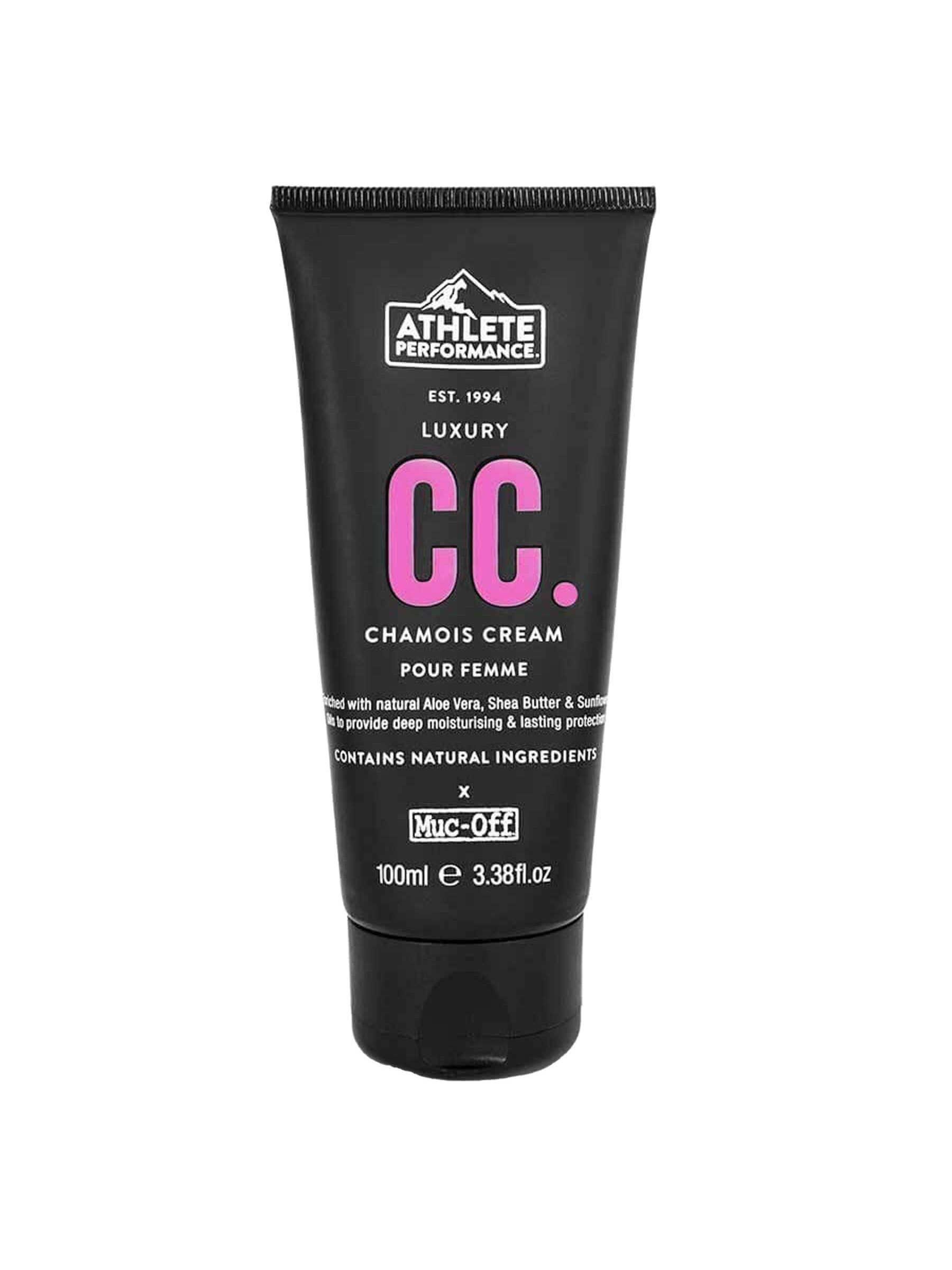 Tube of MUC-OFF Luxury Chamois Cream for women, featuring natural ingredients for moisturizing and friction reduction.