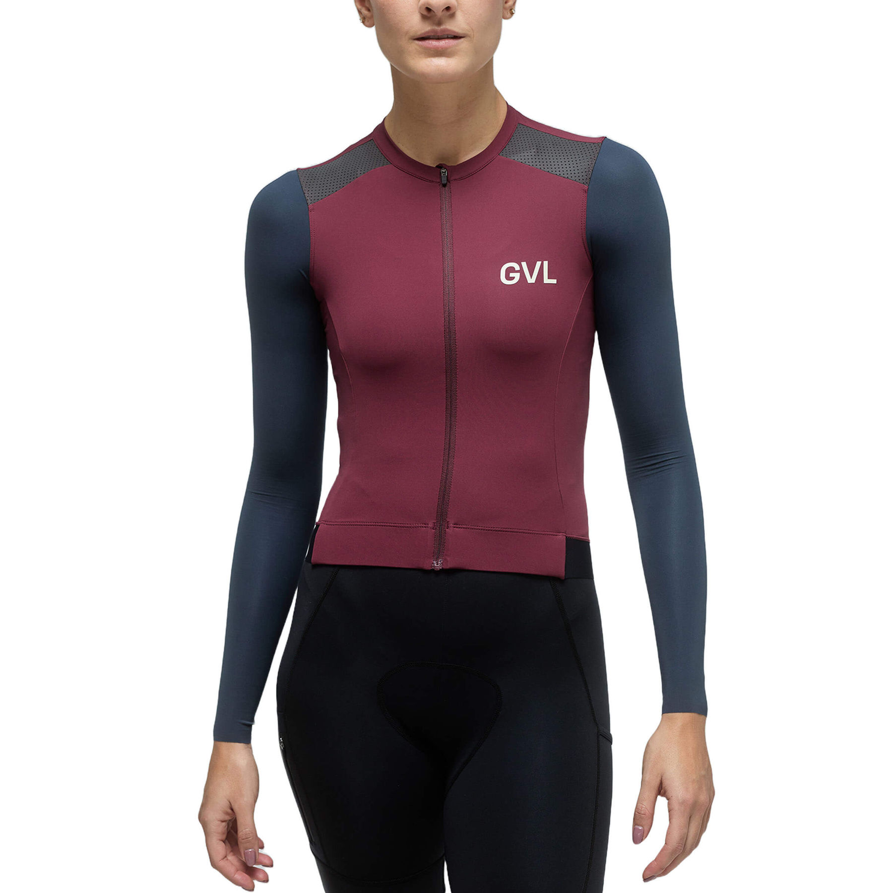 A full front view of a female model wearing the Givelo Modern Classic long sleeve jersey in burgundy with grey and navy panels, zipped up and fitted, showing the torso and sleeve details.