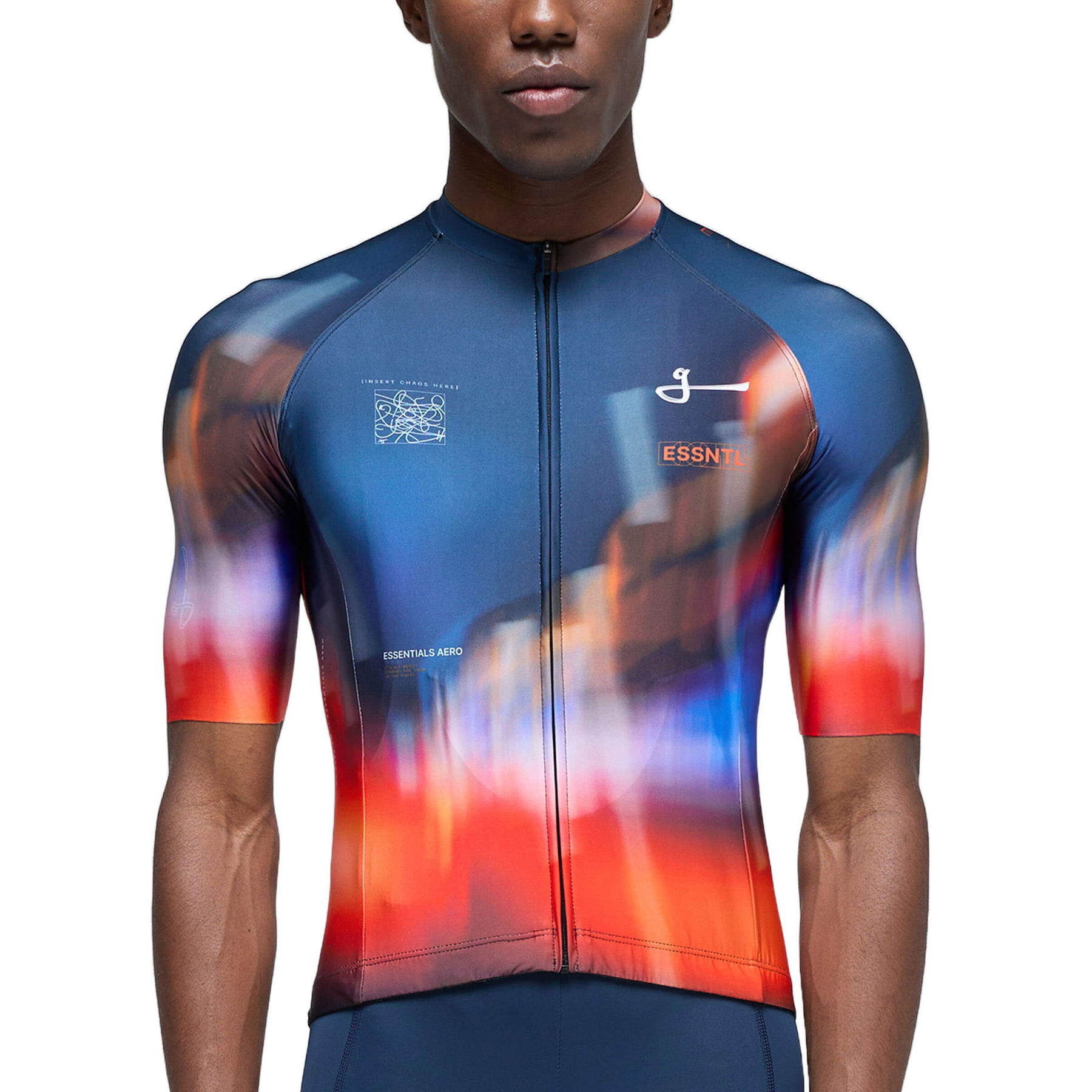 Front view of a cyclist wearing the Givelo Essentials Chaos jersey with a red to blue gradient.