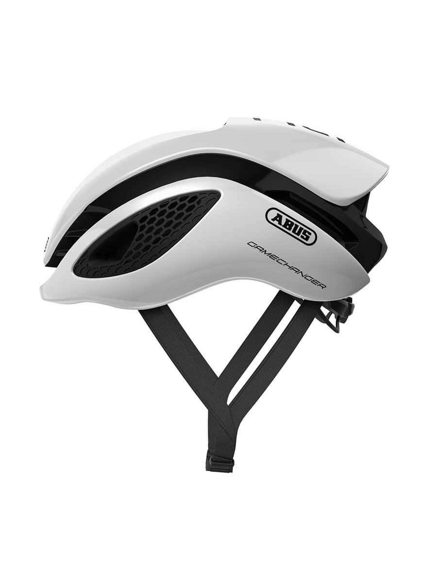 White and black ABUS GameChanger helmet, aerodynamic, ventilated, adjustable, with Eyewear Port.