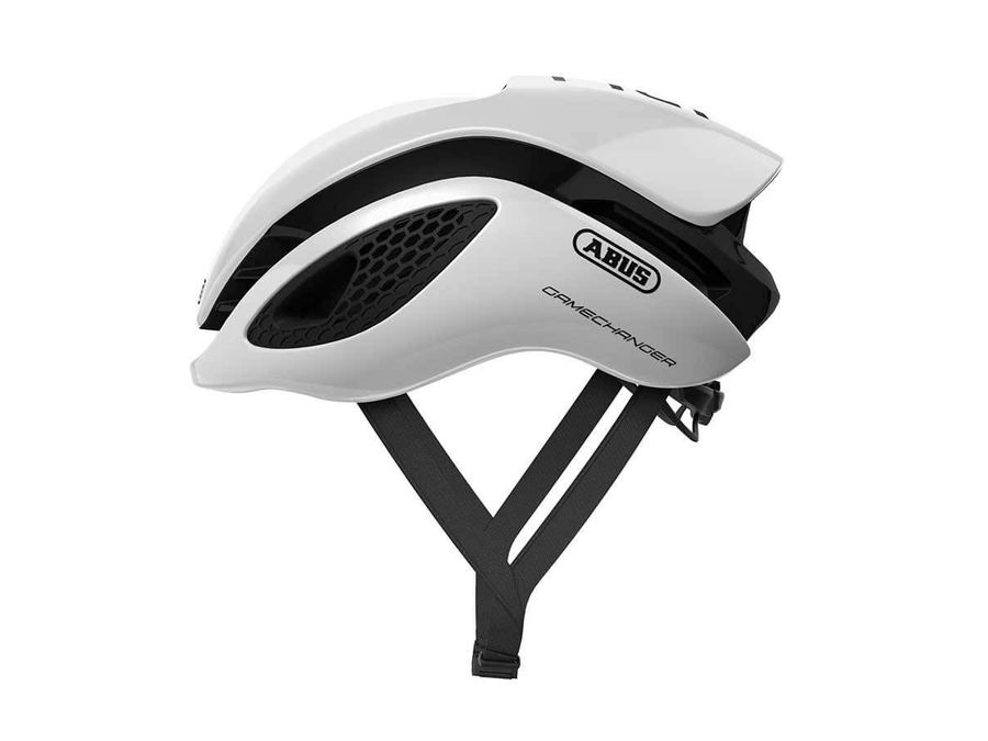 White and black ABUS GameChanger helmet, aerodynamic, ventilated, adjustable, with Eyewear Port.