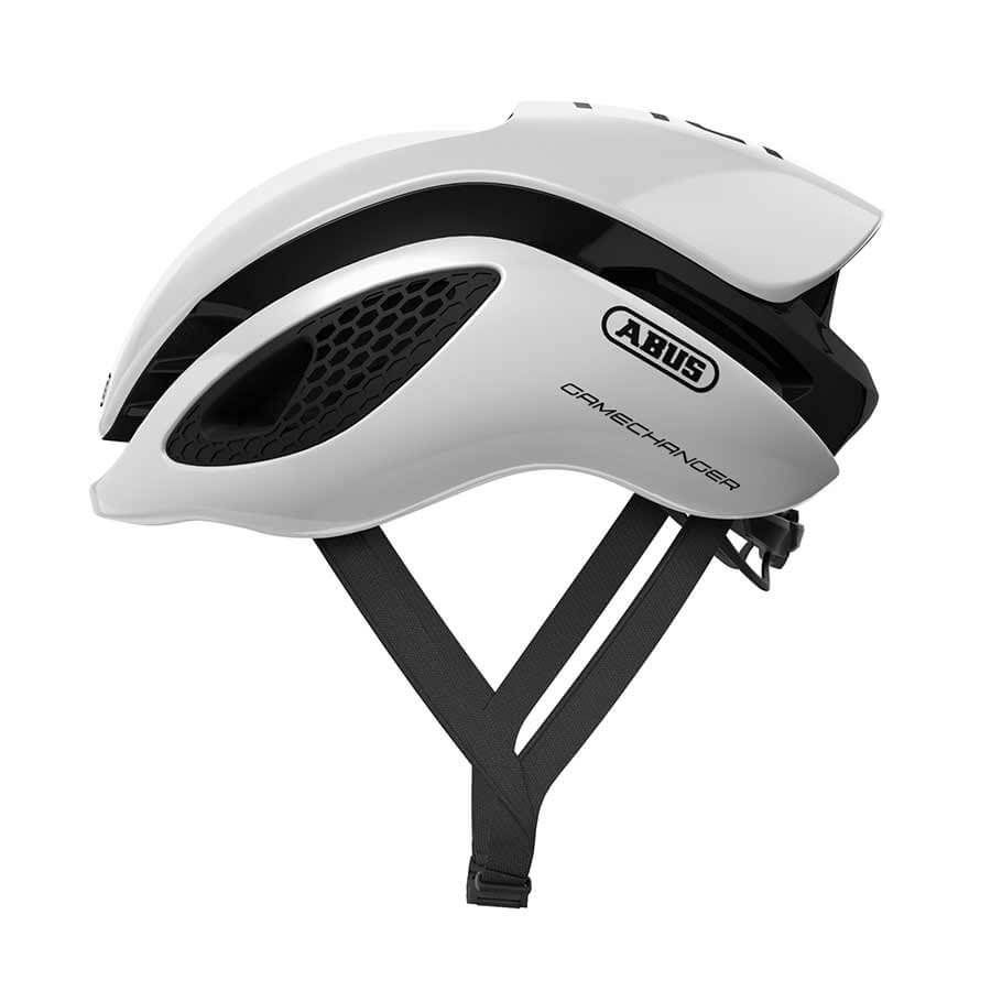 White and black ABUS GameChanger helmet, aerodynamic, ventilated, adjustable, with Eyewear Port.