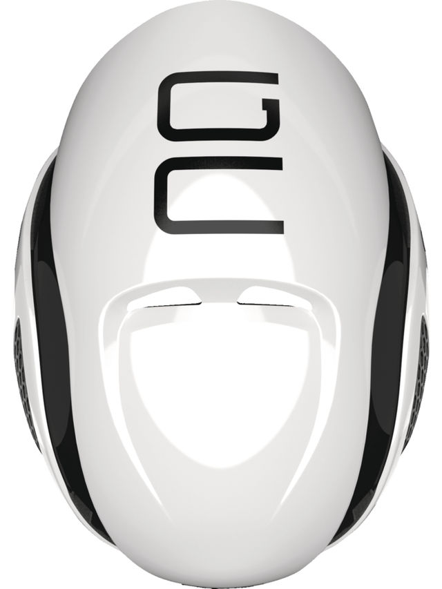 White and black ABUS GameChanger helmet, aerodynamic, ventilated, adjustable, with Eyewear Port.