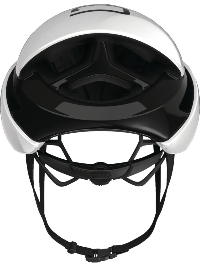 White and black ABUS GameChanger helmet, aerodynamic, ventilated, adjustable, with Eyewear Port.