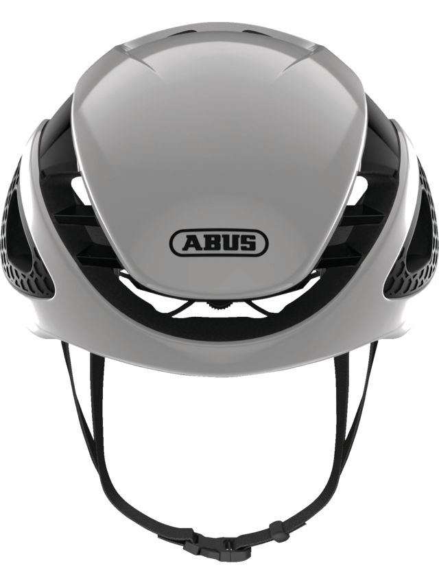 White and black ABUS GameChanger helmet, aerodynamic, ventilated, adjustable, with Eyewear Port.