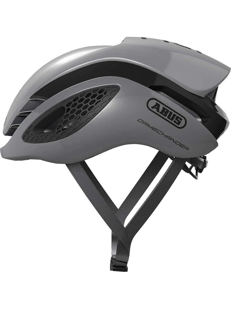 Grey ABUS GameChanger helmet, aerodynamic multi position design, ponytail compatible, personalized fit adjustment.