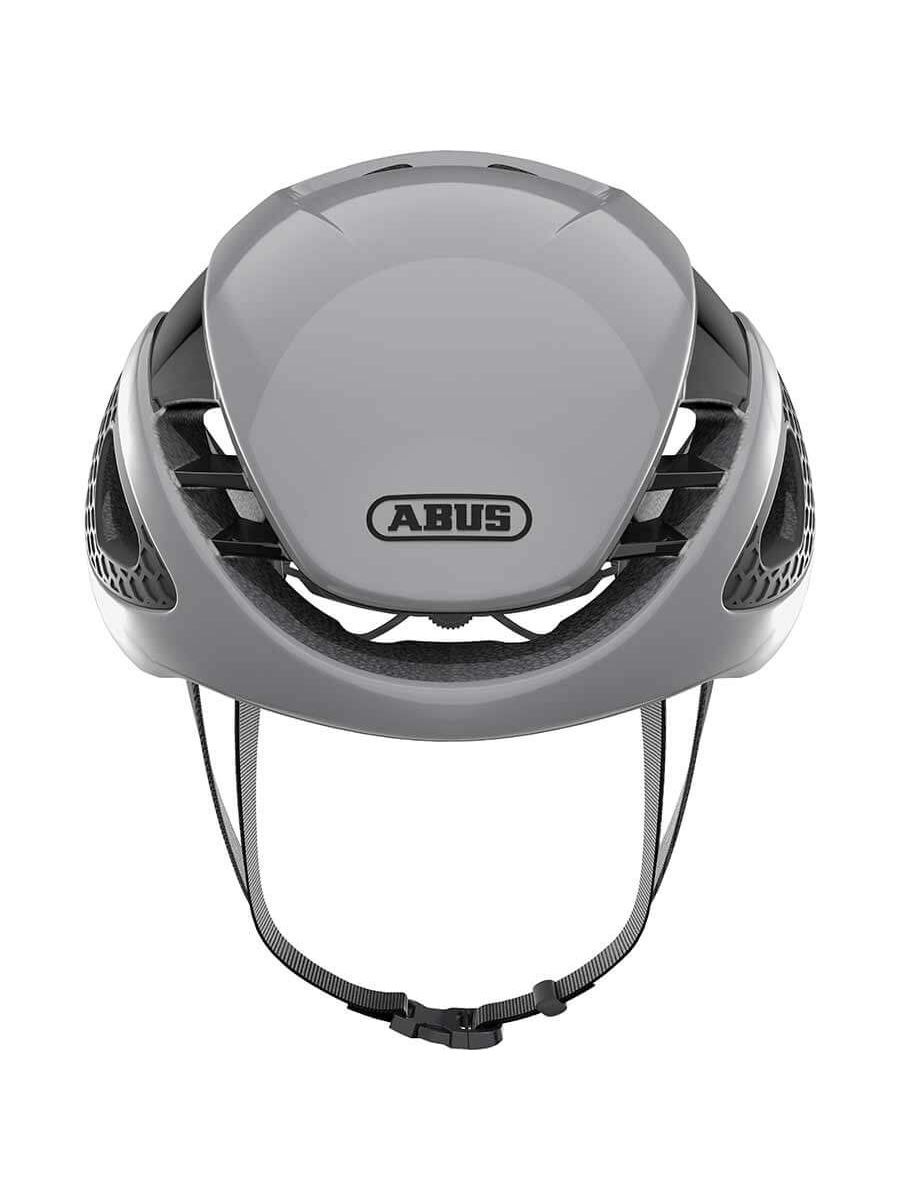 Grey ABUS GameChanger helmet, aerodynamic multi position design, ponytail compatible, personalized fit adjustment.