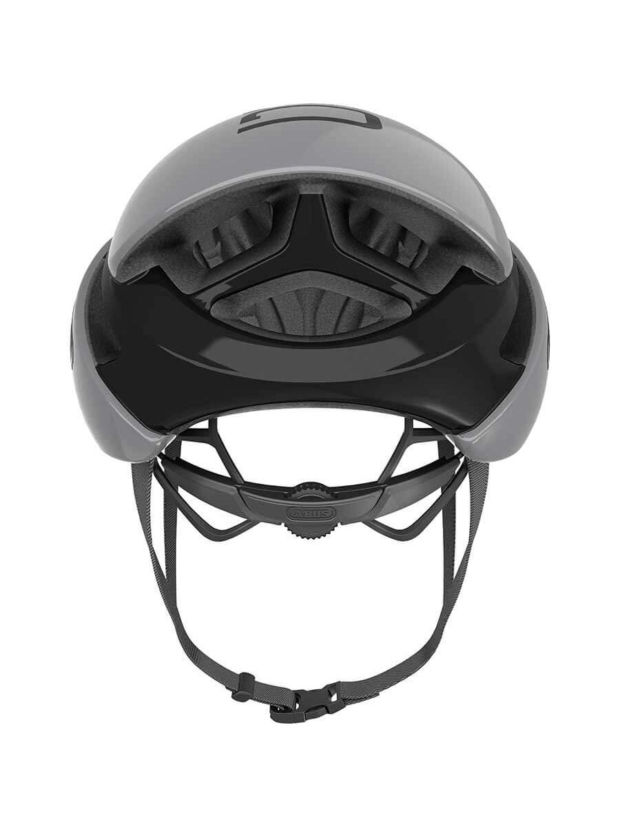 Grey ABUS GameChanger helmet, aerodynamic multi position design, ponytail compatible, personalized fit adjustment.