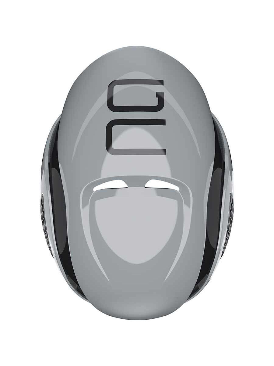 Grey ABUS GameChanger helmet, aerodynamic multi position design, ponytail compatible, personalized fit adjustment.