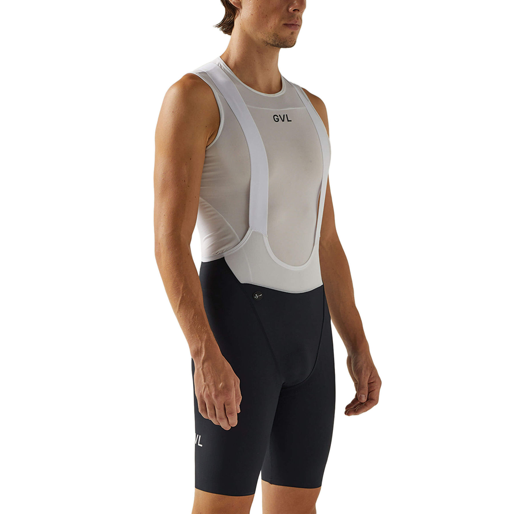 Front view of a man in black Givelo HD Pro Bib Shorts featuring a white 