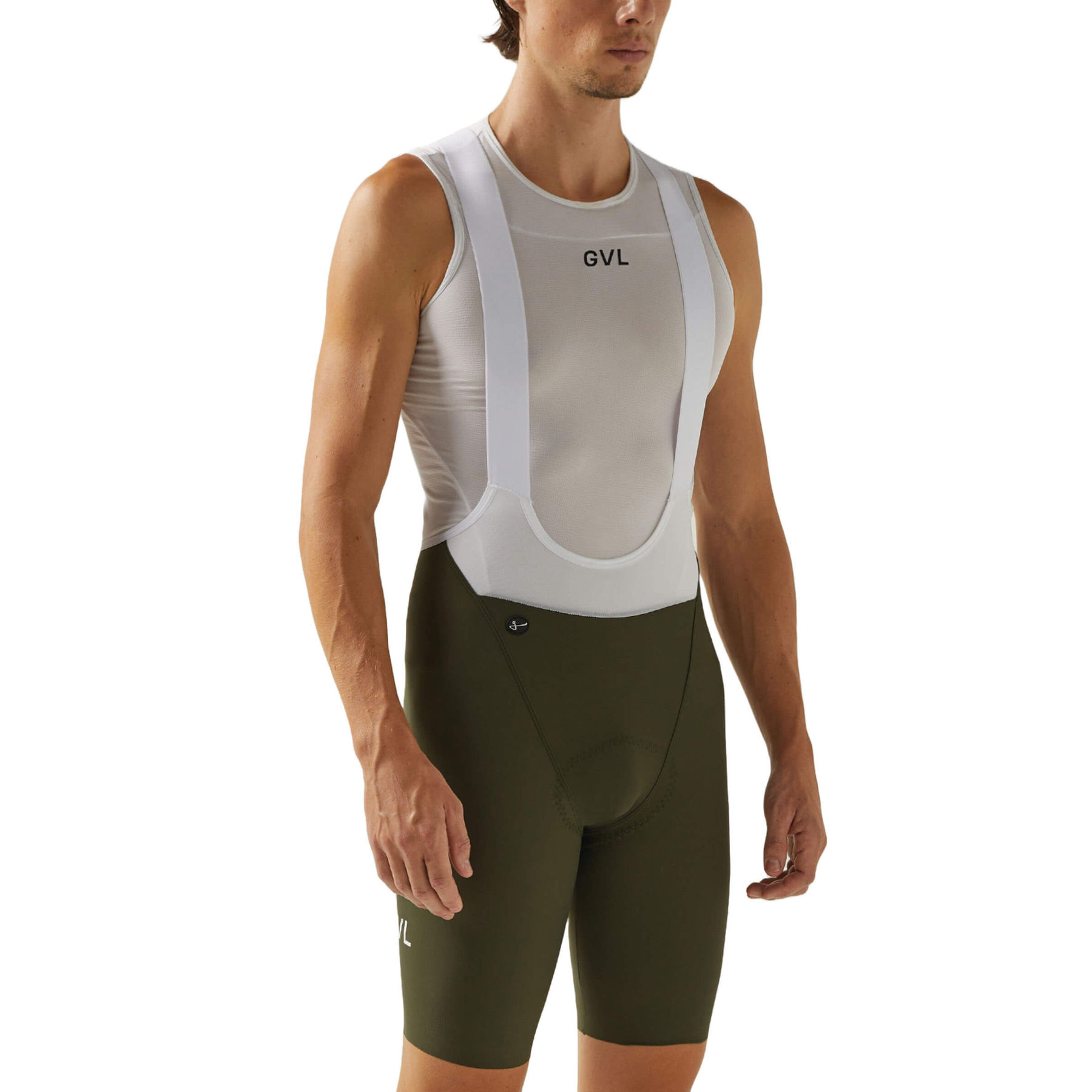 Front view of a man in black Givelo HD Pro Bib Shorts featuring a white 