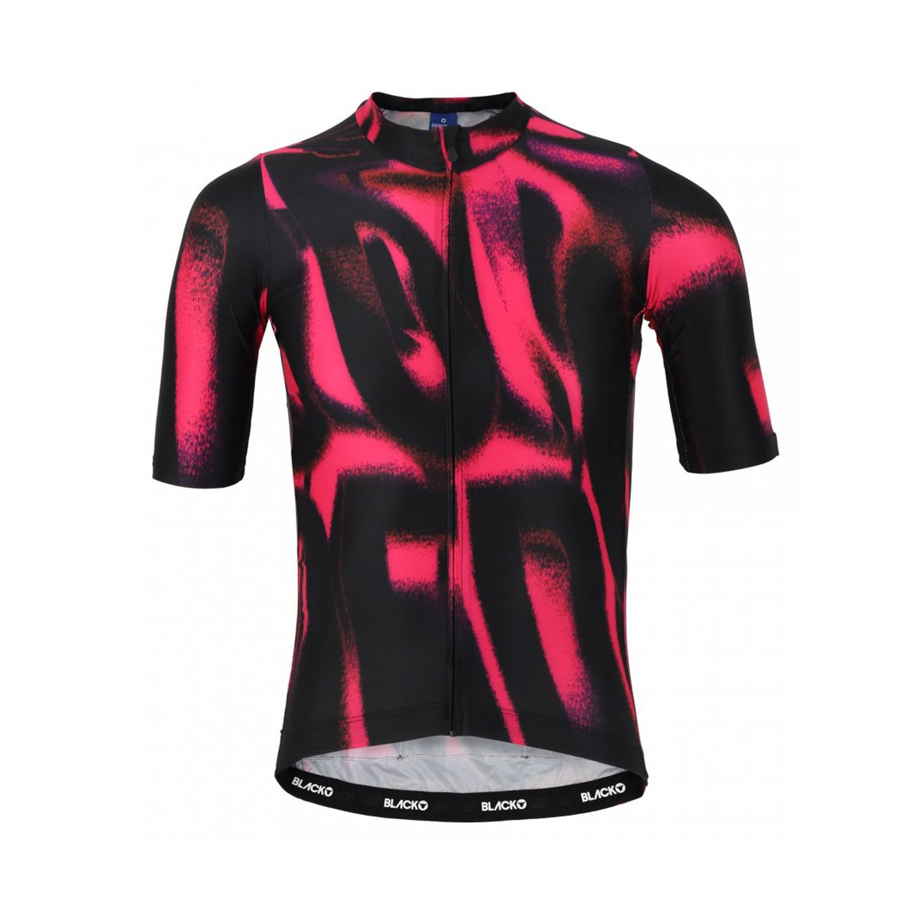 Woman wearing Black and red women's cycling jersey with a print, made of lightweight and soft fabric for a perfect fit.