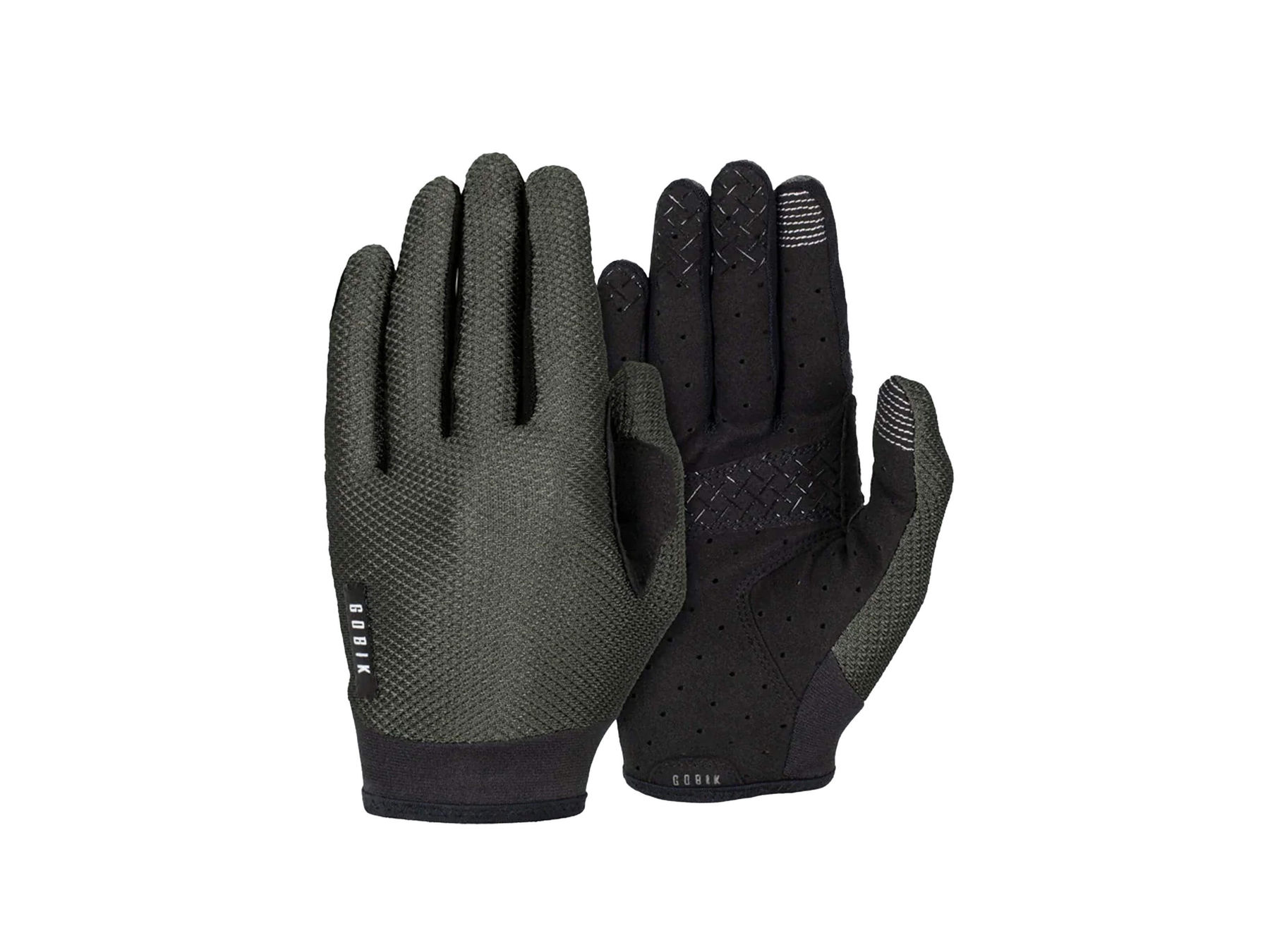 GOBIK Lynx Gloves in army green with black silicone inserts for grip and black conductive fingertips.