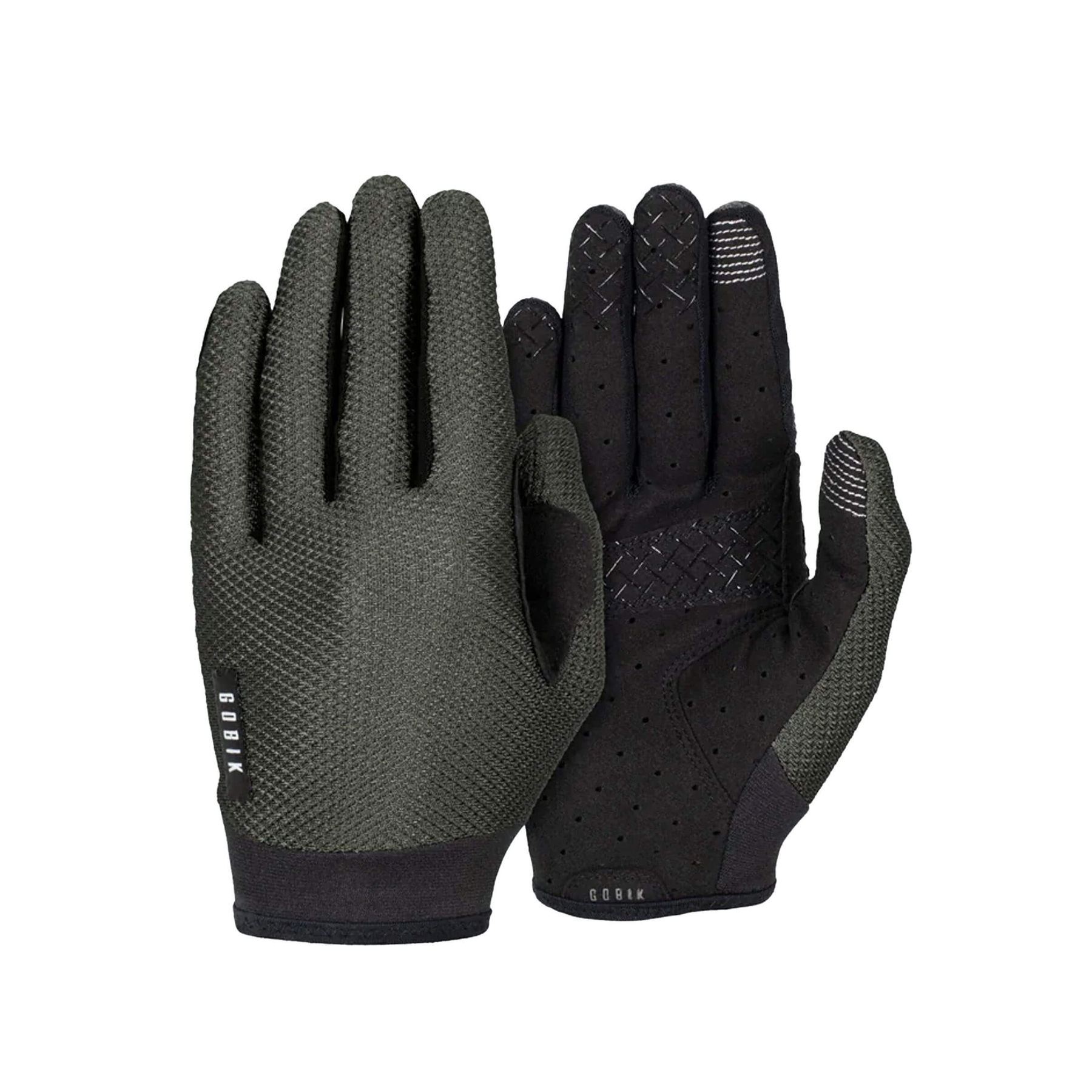 GOBIK Lynx Gloves in army green with black silicone inserts for grip and black conductive fingertips.