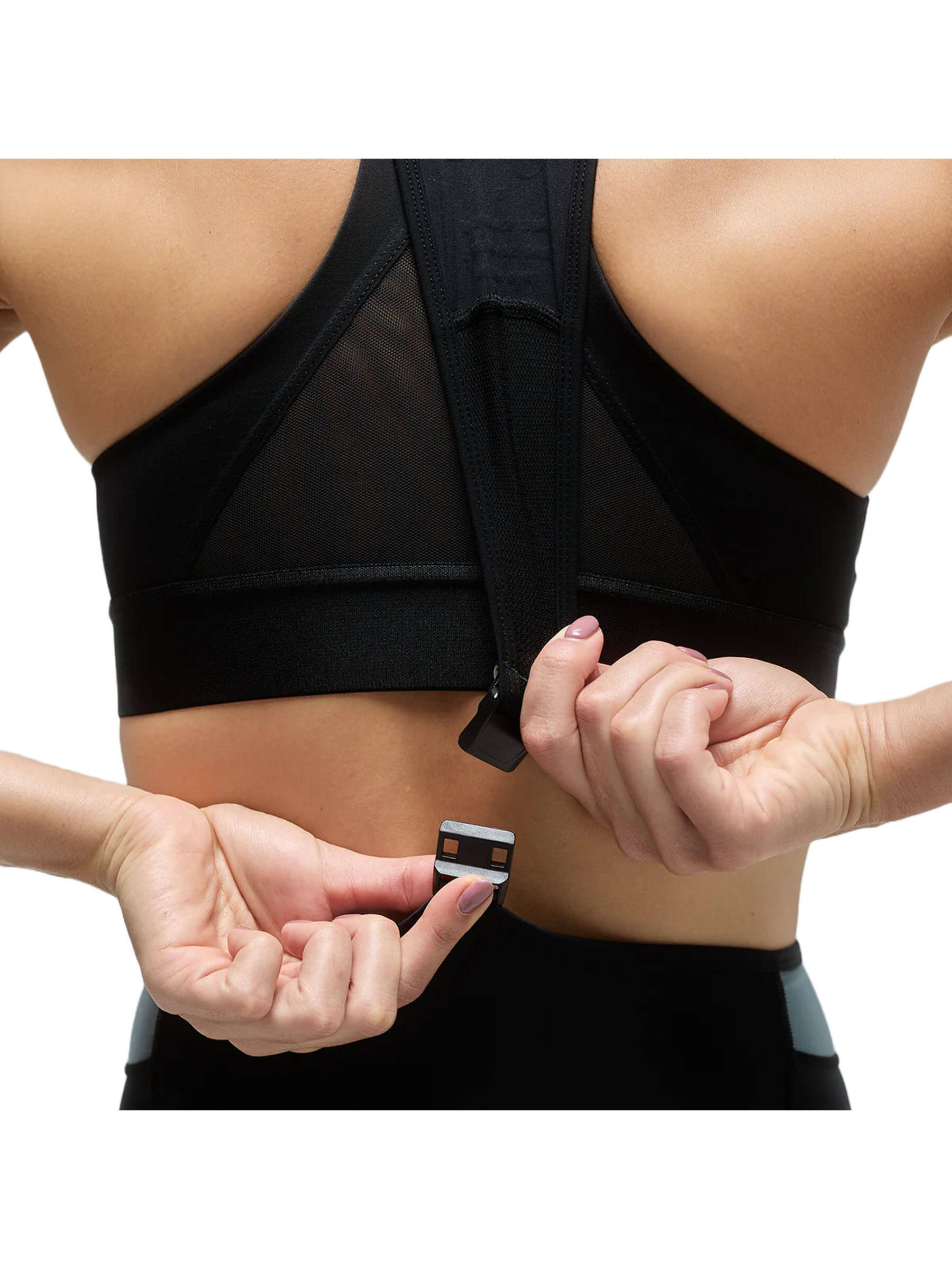 Close-up of Givelo bib shorts' hook mechanism and micro brushed fabric.