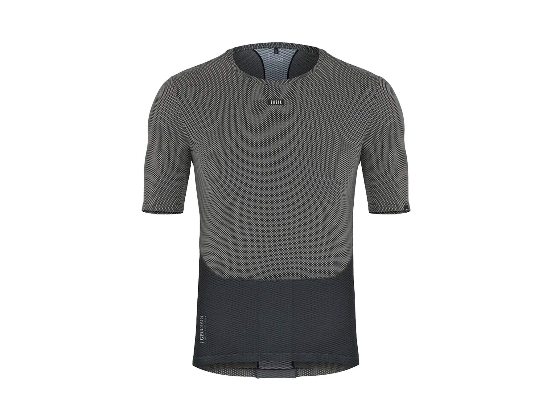 Front view of a GOBIK men's short-sleeved base layer top in black, showcasing a breathable mesh design with a hexagonal pattern and a discreet GOBIK logo at the collar.