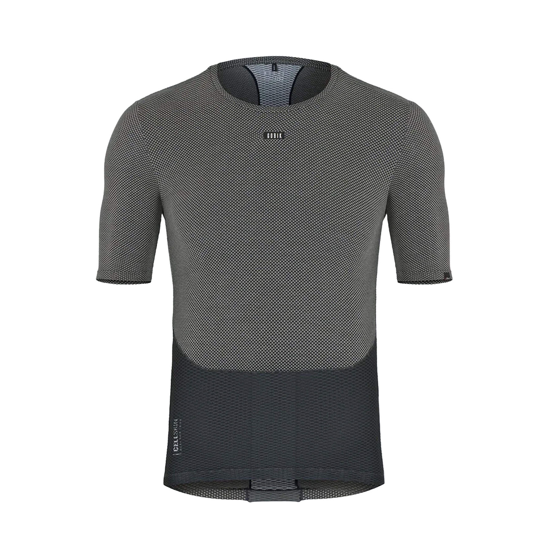 Front view of a GOBIK men's short-sleeved base layer top in black, showcasing a breathable mesh design with a hexagonal pattern and a discreet GOBIK logo at the collar.