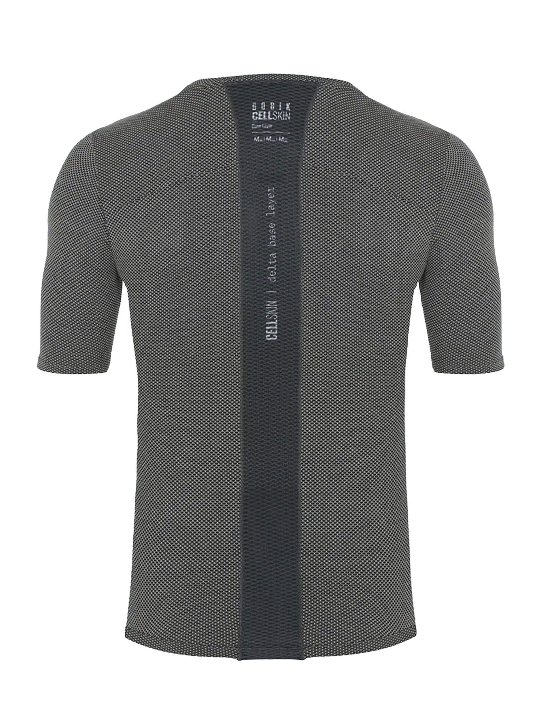 Rear view of a GOBIK men's short-sleeved base layer top in black, showcasing a breathable mesh design with a hexagonal pattern and a discreet GOBIK logo at the collar.