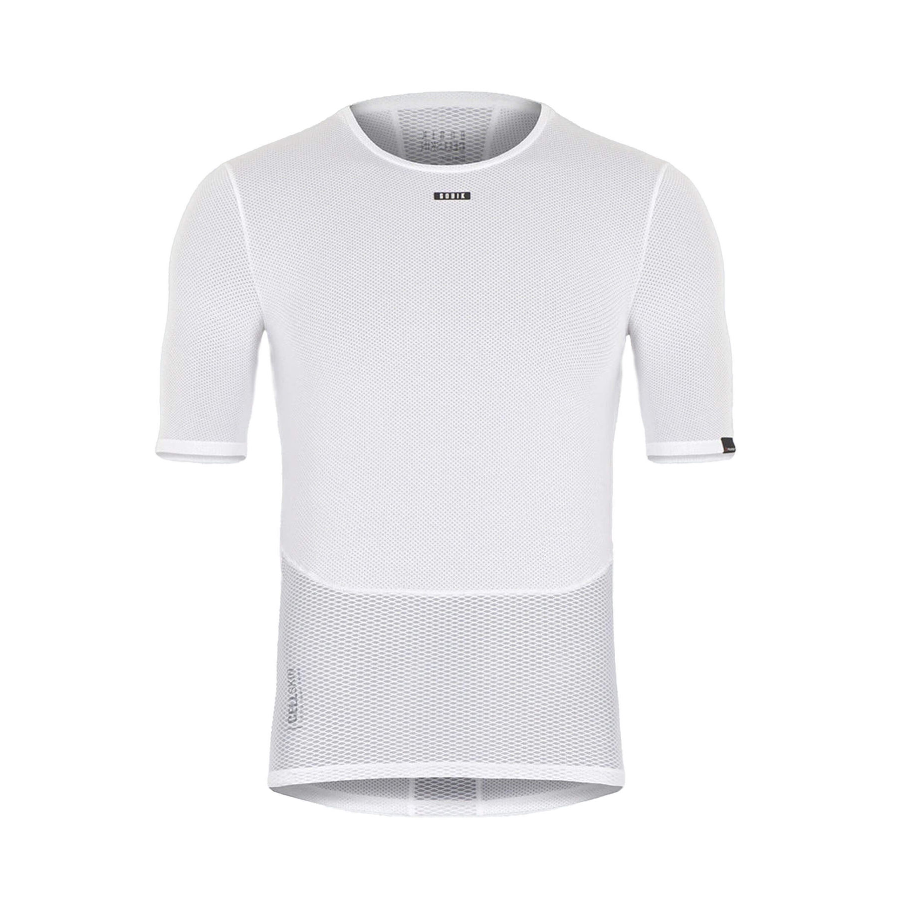 Front view of a GOBIK men's short-sleeved base layer top in black, showcasing a breathable mesh design with a hexagonal pattern and a discreet GOBIK logo at the collar.
