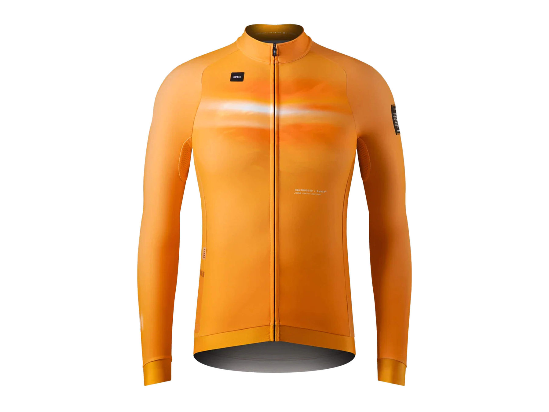 Vibrant cheddar orange GOBIK Hyder jersey featuring laser-cut cuffs and plush interior for cold weather.